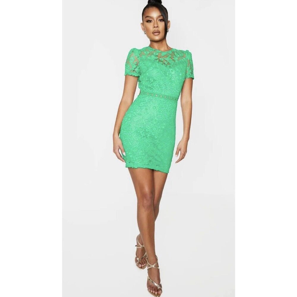 Pretty Little Thing Green Lace Dress Backless Cap Sleeve Bodycon Size 6 - Picture 2 of 6